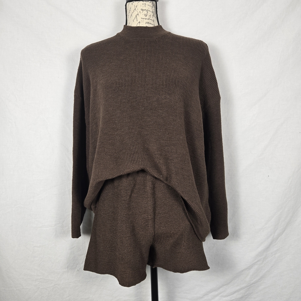Zenana Two Piece Knit Sweater & Shorts Set - Mocha Brown - Size Small